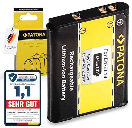 PATONA Akku Ersatz für Nikon EN-EL19 - 600mAh, 3.7V Li-Ion, hochkompatibel mit Nikon Coolpix Modellen, ideal für längere Fototouren und sichere Nutzung
