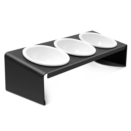 Lannvan Katzennapf Erhöht - 3er Set Futternapf Katze aus Keramik mit Metall Ständer - 15° gekippte Futterstation Katzen Hundenapf - Fressnapf und Wassernapf für Katzen und kleine Hunde