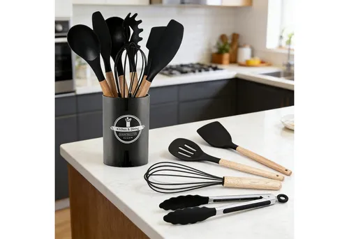 OKWISH Kochbesteck-Set 12er Küchenutensilien Set - Vielseitiges 12-teiliges Kochbesteck-Set aus hitzebeständigem Silikon und Holz. Ideal zum Kochen, Braten und Backen, BPA-frei und leicht zu reinigen.