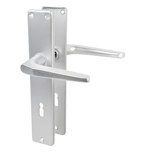 Langschildgarnitur Europa F1 - Aluminium Türdrücker in Silber - Hochwertige Langschildgarnitur aus Aluminium, silber natureloxiert. Ideal für sichere Türen mit Buntbart-Schlossform, inklusive kompletem Montageset.