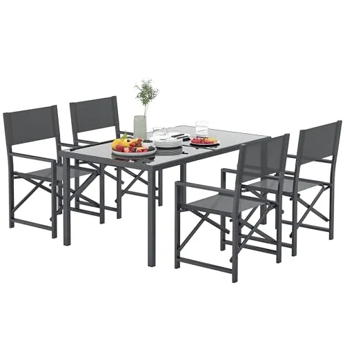 Outsunny 5-teiliges Essgruppen-Set für Terrasse - Essset für 4 Personen mit klappbaren Stühlen und elegantem Glastisch. Wetterbeständig und platzsparend, ideal für Garten und Balkon.
