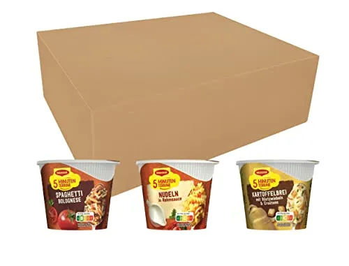Produktbild Maggi fünf Minuten Terrinen, Sortimentsbox, Leckere Fertiggerichte in 3 verschiedenen Geschmacksrichtungen, Im praktischen Becher, 24er Pack (24 Becher)