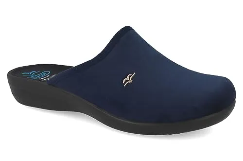 Fly Flot Damen Pantoffel - Bequemer Keilabsatz-Hausschuh in Blau - Elegante Hausschuhe mit samtig weichem Textil-Obermaterial und rutschfester PU-Laufsohle. Der kleine Keilabsatz sorgt für zusätzlichen Komfort und eine natürliche Fußhaltung.