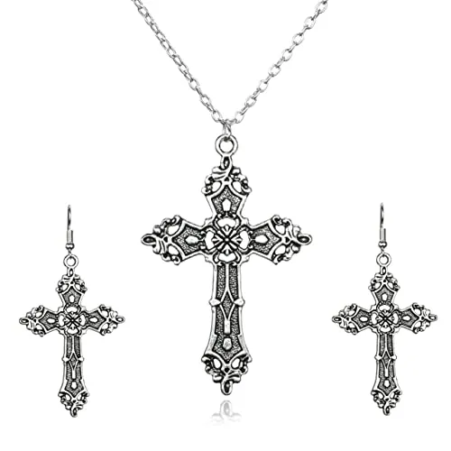 Dishowme Kreuz Halskette Ohrringe Satz Vintage Punk Kruzifix Anhänger Halskette Kette Gotisch Religiös Christlicher Schmuck für Frauen Mädchen Jugendliche
