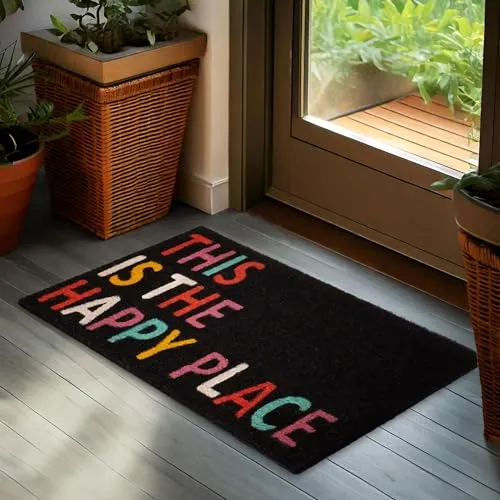 BRUBAKER Fußmatte für Außen und Innen - This is My Happy Place - 45 x 75 cm Schmutzfangmatte - Antirutsch Fußabtreter für Haustür, Campingplatz und Garten - Wetterfest rutschfest - Schwarz Bunt