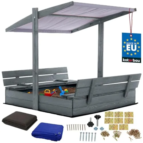 KOTARBAU® Sandkasten mit Abdeckung 120 x 120 cm Großer Grau Holzsandkasten mit Grau Dach Sandkasten mit Deckel Sandkasten mit Dach Gartenspielzeug Kinder imprägniert verschließbar mit Bänken