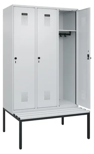 Garderobenschrank, untergeb. Sitzbank, Kunststoff-Sitzleisten, 3 Abteile, Abt.B 400 mm, Drehriegel, BxTxH 1200x500x2120 mm, RAL 7035