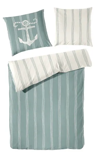 Renforce-Bettwäsche Anchor - Maritime Eleganz in Grün - Bettwäsche aus 100% Baumwolle mit maritimem Streifenmuster und Anker-Symbol. Pflegeleicht, trocknergeeignet und mit Reißverschluss für einfachen Bezug. Ideal für ein optimales Schlafklima.