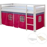 Homestyle4u Hochbett 90x200 mit Vorhang, Lattenrost und Matratze - Hochbett für Kinderzimmer, inklusive abnehmbarem Stoffvorhang und Sicherheitsumrandung für einen sicheren Schlafplatz. Viel Stauraum unter dem Bett für Spielzeug und Sitzgruppen.