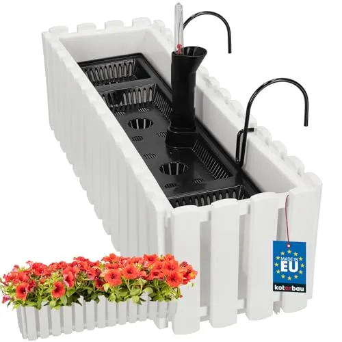 KOTARBAU® Blumenkasten Balkon - Blumentopf Selbstbewässernd - 58x18x16cm - Weiß - Kunststoff - Blumentopf Balkongeländer - Bewässerungssystem - Blumenkastenhalterung - Pflanzkübel Groß Außen