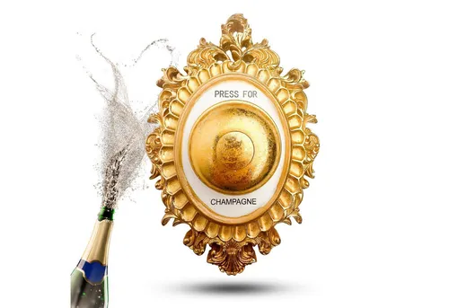 TOPANBIETER 999 Champagnerklingel - Stilvolle Wanddekoration - Wand- & Türschilder mit echtem Klingelton, ideal für Champagnerliebhaber und als Geschenkidee. Elegantes Design in Gold, das überall Aufmerksamkeit erregt.