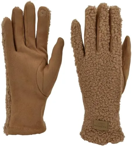 styleBREAKER Damen Touchscreen Handschuhe mit Teddyplüsch | Weiche warme Winter Fingerhandschuhe | Kuscheliger Smartphone Handschuh in vielen Farben, Farbe:Hellbraun