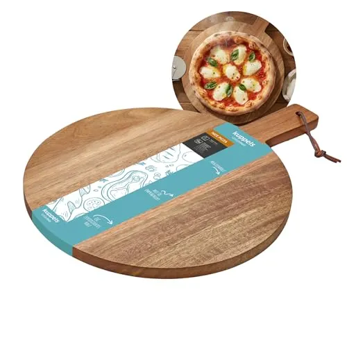 Kuppels NICE Holz Schneidebrett mit Griff Ø 30cm, Messerschonendes Pizzabrett Akazienholz Pizza, Servierbrett für Pizza, Flammkuchen, Brot Käse, Robustes, pflegeleichtes Pizzabrett rund 40 x 30 cm