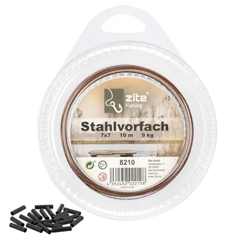 Zite Fishing Vorfachmaterial Stahl | Premium 7x7 Edelstahlvorfach für Raubfische 6-12kg | Vorfachmaterial zum Selberbauen | 10m Spule mit 20 Quetschhülsen | Nylonummantelung in Braun (9 kg)