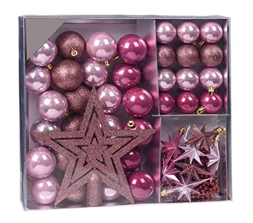 Weihnachtsbaumschmuck Set - 45 teilig in Bordeauxtönen (Bordeaux, Rosa, Kupfer etc.) - 36 Kugeln, Weihnachtsbumspitze, Dekosterne und Kette