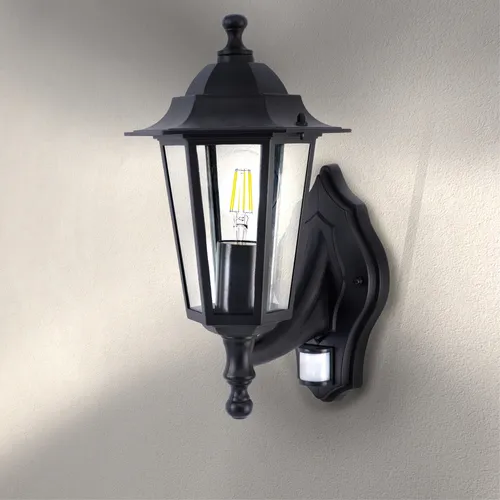 Ledvion Klassische Außenlampe mit Bewegungsmelder - Lampen mit E27 Fassung und IP44, ideal für den Außenbereich. Diese elegante Außenleuchte bietet spritzwassergeschützten Schutz und einen Bewegungsmelder mit 12m Reichweite.