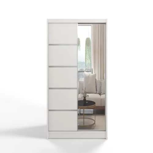 ML Furniture D3 Schiebetüren Kleiderschrank mit Spiegel – 100 cm - Kleiderschrank mit klassischem Design und 4 Einlegeböden, der durch den Spiegel den Raum optisch vergrößert – ideal für Schlafzimmer und Aufbewahrung.