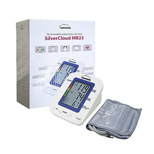 Oberarm-Blutdruckmessgerät SilverCloud MB23 mit Manschettensitzkontrolle, für Oberarmumfänge von 22-36cm, Arrhythmie-Erkennung, präzise Blutdruck und Pulsmessung mit Speicherfunktion und Sprachausgabe