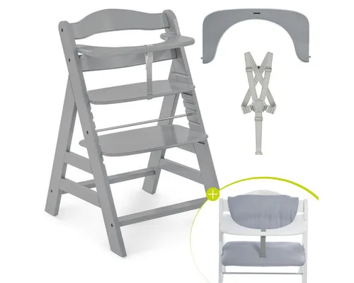 Hauck Hochstuhl Alpha Plus Grey, Mitwachsender Holz Kinderhochstuhl verstellbar mit Sitzauflage & Gurt