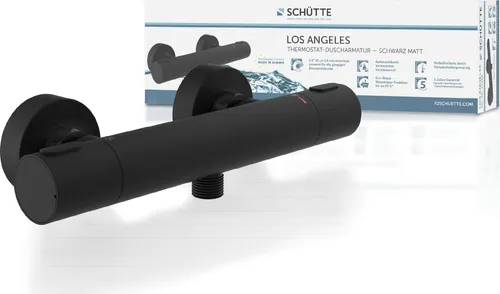 LOS ANGELES Thermostat Duscharmatur, Schwarz matt - Duscharmatur mit hochwertigem Thermostat, wassersparender Eco-Stopp-Funktion und integrierter Temperatursperre für mehr Sicherheit. Ideal für umweltbewusste Haushalte.