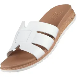 Skechers Bobs Desert Kiss Low Peak Look Damen Pantolette Weiß - Stylische Damenpantolette aus Kunstleder mit geflochtener Optik. Gepolstertes Fußbett für hohen Tragekomfort und ein 3,5 cm hoher Keilabsatz aus Korkfurnier. Ideal für modische Outfits im Alltag.