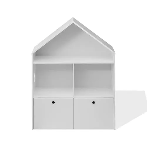 Rebecca Mobili Kinderbuchregal - Kinderzimmerregal mit 2 Regalen und 2 Schubladen, ideal für die Selbstständigkeit Ihrer Kinder. Märchenhaftes Design mit Stern- und Mondschnitzereien, perfekt für Bücher und Spielzeug!