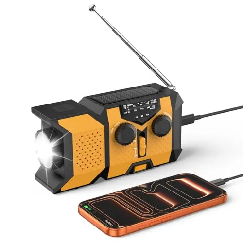 Notfall-Kurbelradio 2000mAh, Dynamo Radio mit SOS & LED, AM/FM Camping | Tragbares Radio: Solar-, USB-C- & Kurbel-Ladung, Power-Indikator, IPX3. 10 h Licht oder 20 h Radio, NOAA