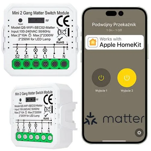 Sone Smart One Matter Relais Schalter – WLAN Lichtschalter Unterputz 2x2300W – HomeKit Switch Kompatibel – Smart Home Relais 230V für LED – Timer, Szenen, Tuya, HomePod