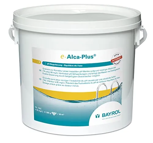 BAYROL e-Alca-Plus 5 kg - pH-Wert-Regulierer für sauberes Wasser - Wasserpflegeprodukt zur Regulierung des pH-Wertes in Teichen, Aquarien und Schwimmbädern. Ideal für kristallklares Wasser und optimale Wasserqualität.