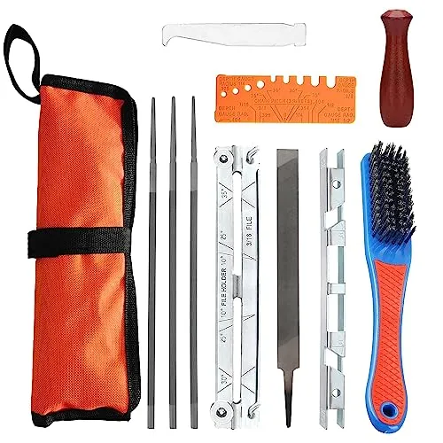 Kettensägen Schärffeilen Kit 11pcs Universal Kettensägen Feilensatz Sägeketten Feilen Set zum Schärfen von Sägeketten mit 4/4,8/5,5mm Rundfeile Schärfführungen Tiefenmesser Flache Feile in Tasche