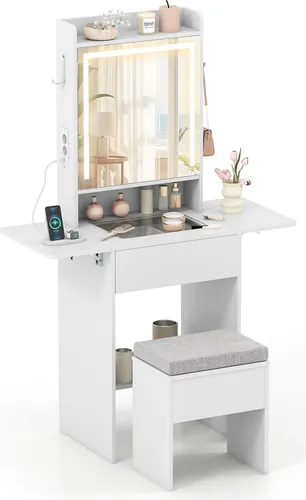COSTWAY Schminktisch mit LED Spiegel & Hocker – platzsparend und funktional - Kompakter Schminktisch mit verstellbarem LED-Spiegel in 3 Farbmodi und praktischen Steckdosen. Ideal für die übersichtliche Aufbewahrung von Kosmetik und Accessoires. Perfekt für kleine Räume!