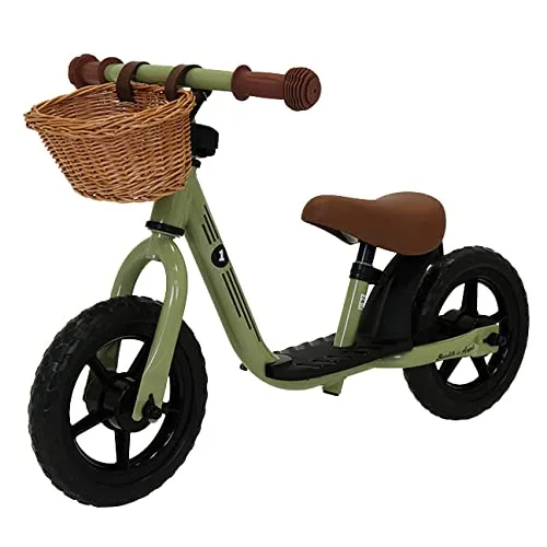 Bandits & Angels Laufrad aus Metall mit Weidenkorb Vintage grün ab 2 Jahren – Lauflernrad – Verstellbarer Sattel 29 bis 39 cm – für Jungen und Mädchen – niedriger Einstieg mit Trittbrett
