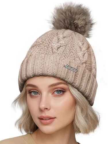 Neverless Strickmütze Damen Strickmütze Zopfstrickmuster Bommelmütze gefüttert mit Fleece