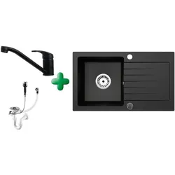 [Granitspüle 76x44 Schwarz+ Armatur]Hochwertig beidseitig Montierbar Küchenspüle Eckig Einbaugranitspüle Granit Spülbecken f. Unterschränke a... - Schwarz