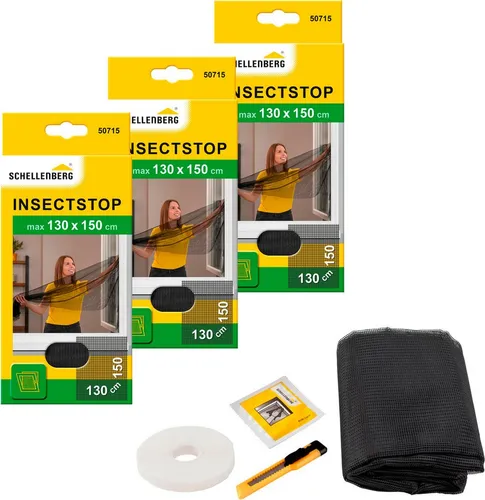 Schellenberg 3er Pack Fliegengitter Fenster 50715 - Fliegengitter für Fenster, ohne bohren, mit UV-beständigem Gewebe, individuelles Zuschneiden möglich, idealer Schutz gegen Insekten für Mietwohnungen.