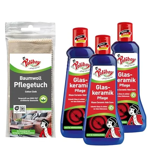 POLIBOY Glaskeramik Pflege - Keramikpflege mit Einbrennschutz - Kochfeldreiniger für Glaskeramik - 3x 200 ml - Mit Baumwolltuch - Made in Germany