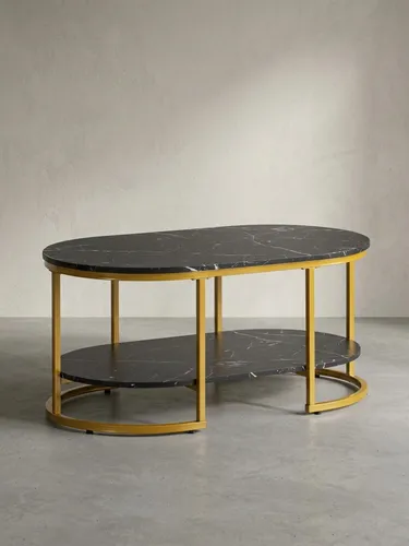 Eleganter Couchtisch 100x60 cm in Schwarz mit Marmor-Optik - Moderne Couchtisch mit goldenen Metallgestell und Ablagefläche, ideal für stilvolle Wohnzimmer. Das edle Design und die Marmor-Optik verleihen Ihrem Raum einen Hauch von Luxus.
