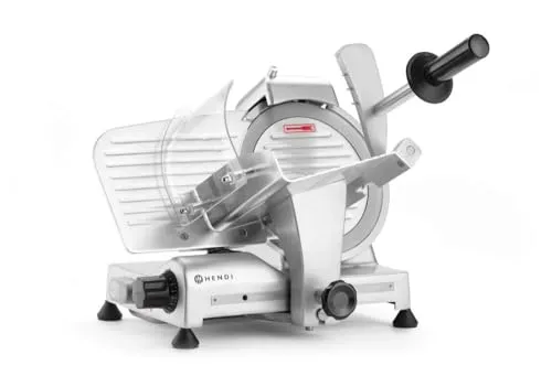 HENDI Aufschnittmaschine Profi Line 195 - Allesschneider mit 195mm Messerdurchmesser und stufenlos einstellbarer Schnittstärke bis 12mm, ideal für die professionelle Lebensmittelverarbeitung.