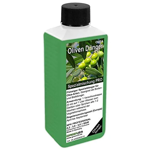 GREEN24 Olivendünger Profi - Spezialdünger für Olivenbäume, Olea Europaea, Mediterrane Pflanzen, Kübelpflanzen im Wintergarten, Beet, auf Terrasse & Balkon NPK Flüssigdünger 250ml Konzentrat