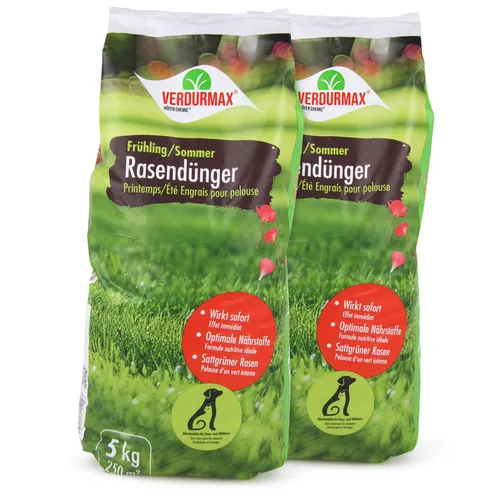 Höfer Chemie GmbH Rasendünger VERDURMAX® Frühling/Sommer 2 x 5 kg - Dünger für saftig grünen Rasen, enthält N-P-K-Formel 14-3-8 und ist mit Magnesium und Schwefel angereichert. Schnelle und langanhaltende Wirkung für kräftiges Wachstum und Schutz vor Trockenstress.