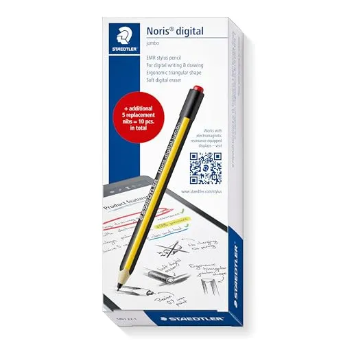 STAEDTLER Noris Digital Jumbo 180 Stylus – mit 5 Ersatzspitzen | Für EMR-Displays, 0,7 mm Spitze, 4.096 Druckstufen, ergonomisch – Art.-Nr. 180J 22-1X