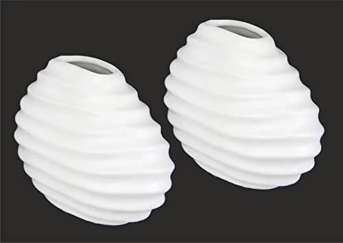 Kleine Vase Weiß Matt Blumenvase Modern Keramik Dekovase 2er Vasen Set für Tischdeko Tischvase mit Rillen für Dekoration Küche Büro Blumenvasen Dekorative Deko für Pampasgras Trockenblumen Ornamente