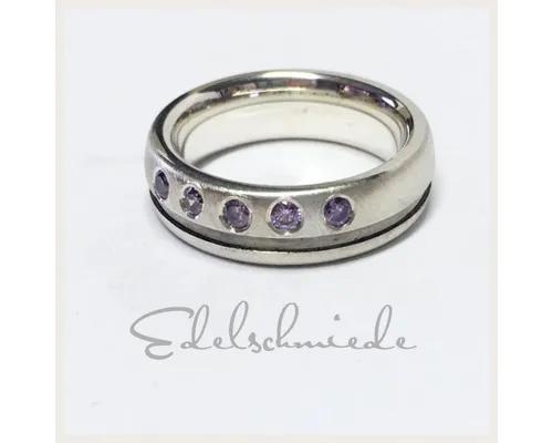 Edelschmiede925 Silberring Gr. 70, Bandring schwarz + violett Zirkonia