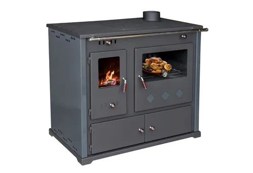 Prometey Kaminofen mit Backfach und Herdplatte Pracktik Lux Anthrazit RECHTS - Küchenofen mit 9,5 kW Nennwärmeleistung, ideal zum Kochen und Backen ohne Strom, ausgestattet mit einem praktischen Backfach und Herdplatte.