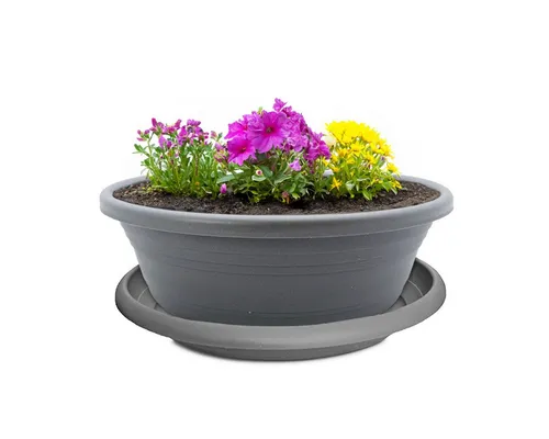 matches21 HOME & HOBBY Blumentopf Pflanzkübel mit Untersetzer 25 cm Pflanzschale für aussen grau (1 St), Wetterfester Blumenkübel als runder Grabschmuck Blumentopf