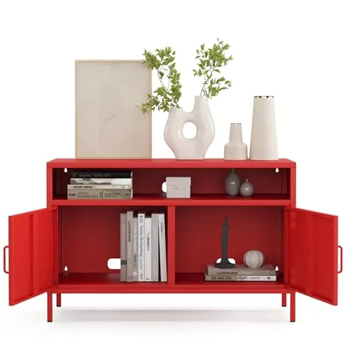 furni24 Metall TV-Schrank – Retro TV Lowboard – Möbel mit Türen und verstellbaren Ablagen – Leicht zu reinigen – Robuste und stilvolle Aufbewahrungslösung für das Wohnzimmer- mit 4 Regalen, Rot