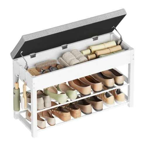 WOLTU Schuhbank mit Sitzfläche, Schuhregal mit 2 Ablagen | Staufach unter gepolstertem Sitzkissen, für Flur Schlafzimmer Wohnzimmer, 80x50x30 cm, Weiß+Hellgrau