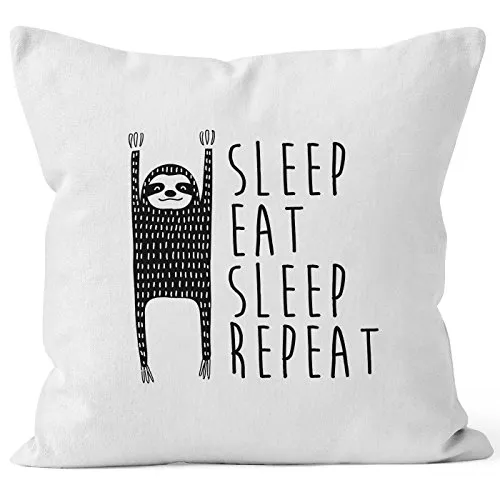 MoonWorks lustiger Kissenbezug Sleep eat Sleep Repeat Faultier Kissen-Hülle 40x40 Baumwolle weiß 40cm x 40cm