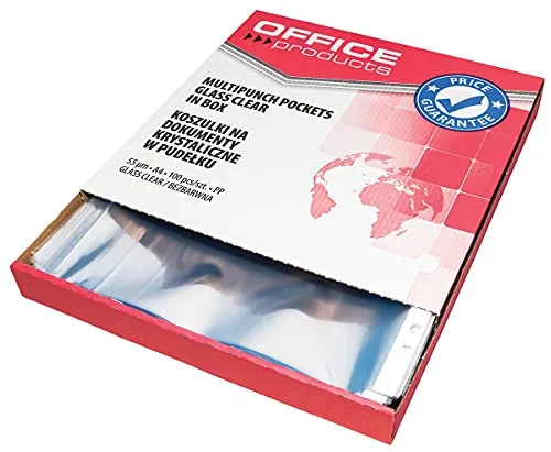 OFFICE PRODUCTS Prospekthüllen / 100 Stück im Karton/Din A4/ Glasklar Oben Offen Klarsichthüllen Sicht-Hüllen Gelochte Plastikhülle für Dokumente Papiere Akten Ordner/PP/Transparent 55 Mikron
