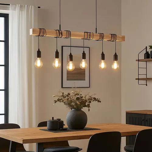 Hängelampe Esstischleuchte Holzbalken Pendellampe 6-flammig - Lampen im Industrial-Design, höhenverstellbar aus Holz und Stahl, ideal für Esszimmer und Küchen, schafft eine gemütliche Atmosphäre.